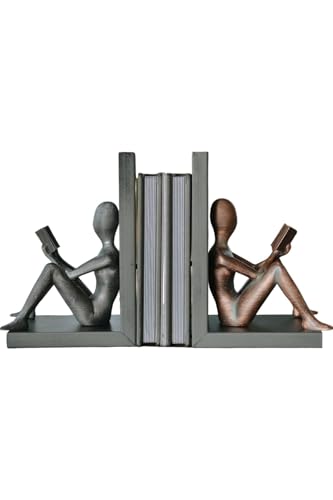 Bookend Figurine Set, Reading Person Design, Decorative Book Holder, Polyester Material, Classic Style, Metallic Finish, 2-Piece Set - Copper-Silver