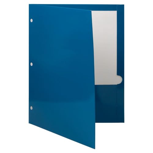 JAM PAPER Laminated Two Pocket Glossy 3 Hole Punch School Folders - Letter Size - High Gloss Blue - Bulk 100/Box