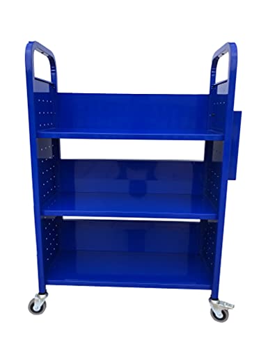 Workington Rolling Book Truck Book Cart with 3 Flat Shelves, Library Book Cart with Swivel Lockable Casters 3001 Blue