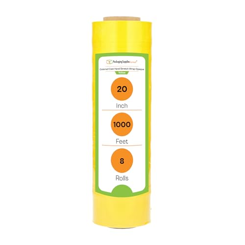 PSBM 8 Rolls Yellow Stretch Film/Wrap 20 Inch x 1000 Feet, 70 Gauge Heavy Duty Industrial Strength Shrink Plastic Wrap for Moving, Packing, Shipping, Pallet Wrapping & Storage