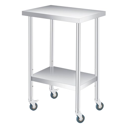 SunnyFurn Stainless Steel Outdoor Utility Side Table – Double Layer Design – Heavy Duty Prep Cart with Locking Wheels – Easy to Clean for Patio, Kitchen, Garage – 14x24x35in, Double Layer with Wheels