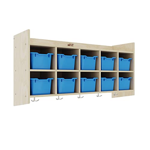 ECR4Kids 10-Section Hanging Coat Locker with Shelf and 10 Scoop Front Bins, Cubby Storage, Blue