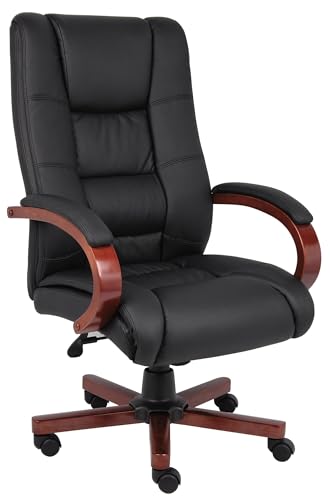 Scranton & Co Leather/Wood High Back Executive Office Chair, Black CaressoftPlus Upholstery and Cherry Wood Finish, 44.5" x 27" x 27", Adjustable Height, Tilt Lock, Durable Office Seating