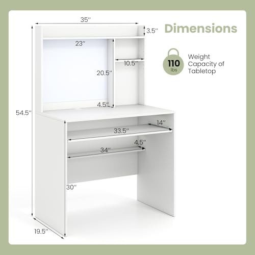 LDAILY 35 Inch White Computer Desk with Hutch and Keyboard Tray