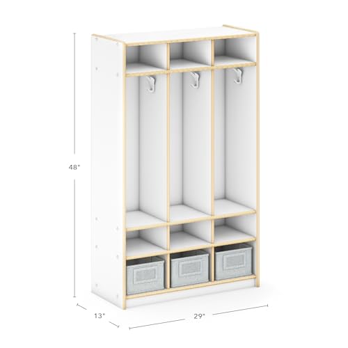 Guidecraft EdQ 3-Section Wooden Storage Locker for Classroom, Kids White Cubby Organizer with Shelves and Hooks for Coats