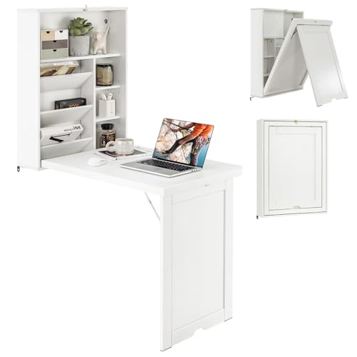 Byroce Wall Mounted Desk, Wood Collapsible Floating Desk, Convertible Computer Desk with Storage Area, Hanging Fold Out Table for Home Office, Small Spaces (White)