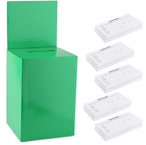 Large thick cardboard raffle Ballot Box 9.5"H x 6.5"W x 6.5"D Charity Donation collection Box office Suggestion comment Box removable display area 6.5" x 6.5" Includes 1000 Sheets(Green 10 pack)