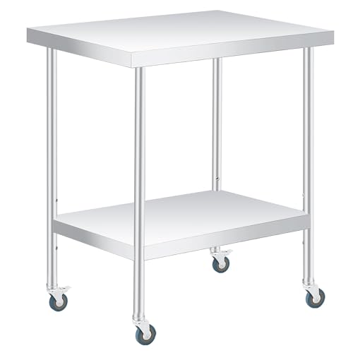 36"X24" Stainless Steel Work Table – Heavy Duty Food Prep Table with 4 Wheels & Casters – for Commercial Kitchen, Garage Restaurant Backyard