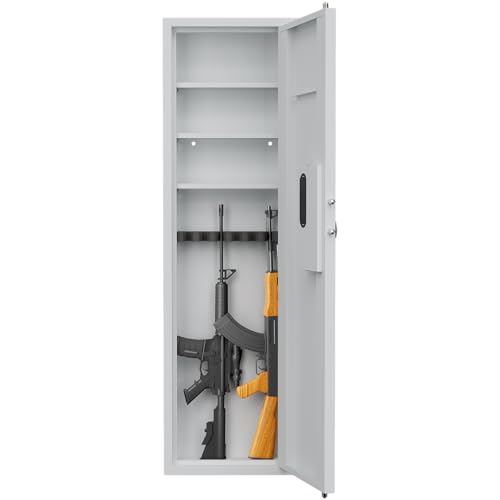 KEIKI 53" In Wall Gun Safe Rifles Adjustable Shelves, Digital Touch Panel Steel Cabinet w/Retractable Handle, Dual Alarm Quick Access Long Gun Defense Secure Storage for Firearm Valuables, White