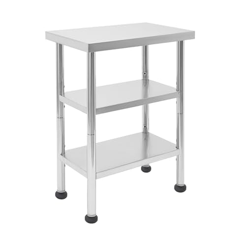 3-Tier Work Table with Wheels, Stainless Steel Work Table, 15x 24x 35In Metal Utility Table with Adjustable Under Shelves, for Garage Workbench, Tool Bench, Kitchen Preparation Table (15 * 24 * 35In)
