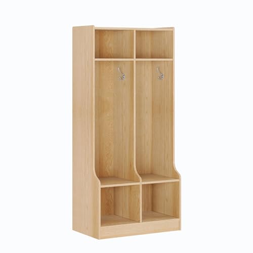 IDEALHOUSE 2-Section Classroom Coat Locker with 4 Cubbies, Daycare Cubby Storage Organizer with 4 Hooks for Home, School, Nursery, Kindergarten, Natural