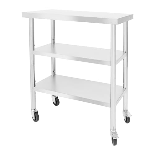Stainless Steel Work Table, 3-Tier Utility Table with Casters, 30"x14"x35"