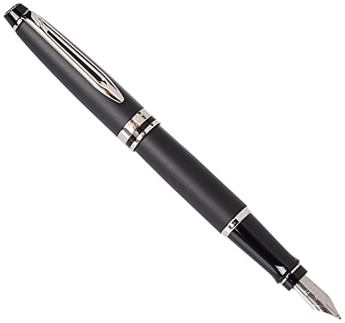 Waterman Expert Fountain Pen, Matte Black with Chrome Trim, Medium Nib with Blue Ink Cartridge, Gift Box