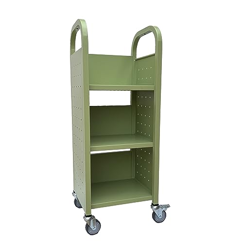 Workington Single Bank Rolling Book Truck Book Cart with 3 Flat Shelves, Library Book Cart with Swivel Lockable Casters 3000 Apple Green