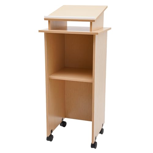 Rolling Podium Stand with Wheels Farmhouse Wood Presentation Standing Portable Lectern Speaking Podium Stand with Storage Shelf and Slant Desktop for Church Office School Classroom Home (Oak Color)