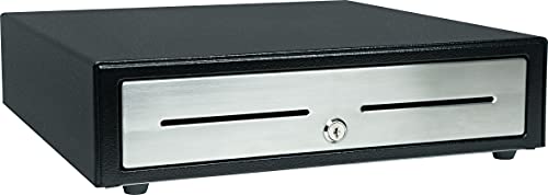 Star Micronics CD4-1416 4 Bill / 8 Coin Choice Series Mini Cash Drawer with Stainless Steel Drawer Front, 2 Media Slots, and Included Cable (14" x 16") - Black