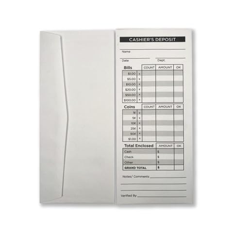 Cashier's Deposit Envelopes | Cash Drop Envelopes | #10 | 4 1/8" x 9 1/2" | Holds Check, Cash, Bills (1000)