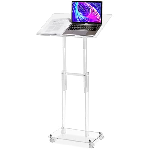 Clear Acrylic Podium Stand with Lockable Wheels, Adjustable Height & Angle
