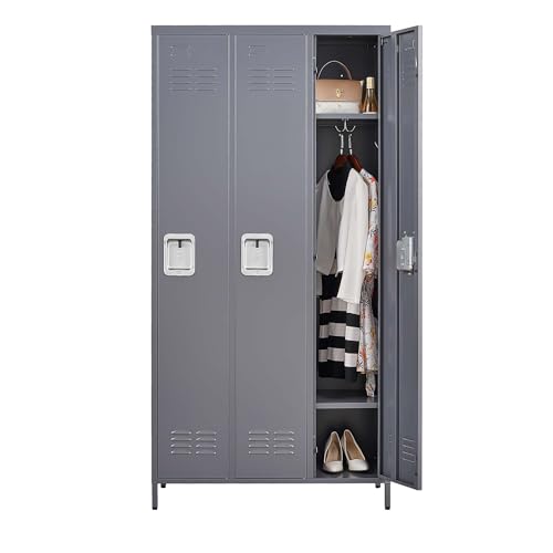 CIATRE 72" Tall Metal Lockers with Lock and Hooks 3 Doors Storage Cabinet, for School Office Gym Bedroom, Assembly Required for Employees, School, Office, Gym (Gray)