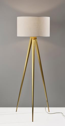 Adesso Antique Brass Floor Lamp with Off-White Fabric Shade
