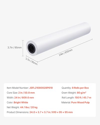 VEVOR Wide Format Paper, 24 in x 150 ft Plotter Roll, 8 Rolls CAD Bond Rolls with 2 in Core, 20 LB Bond Paper Rolls, Ideal for CAD Drawings, Engineering Plans, GIS Maps, and Architectural Designs