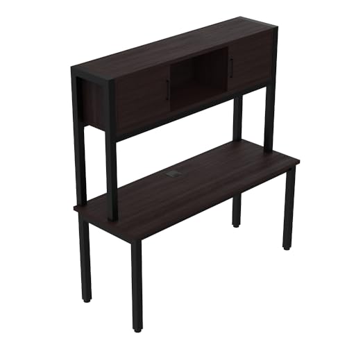 NBF Credenza Desk with Hutch - Office Storage Desk with Concealed Cabinet Shelving, Steel Cable Grommet, Laminate Top - Cortez Executive Credenza for Home, Office, 60" W x 24" D, Brown