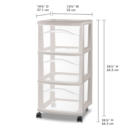 Sterilite 3-Drawer Cart with Wheels for Bedroom and Dresser, 4-Pack