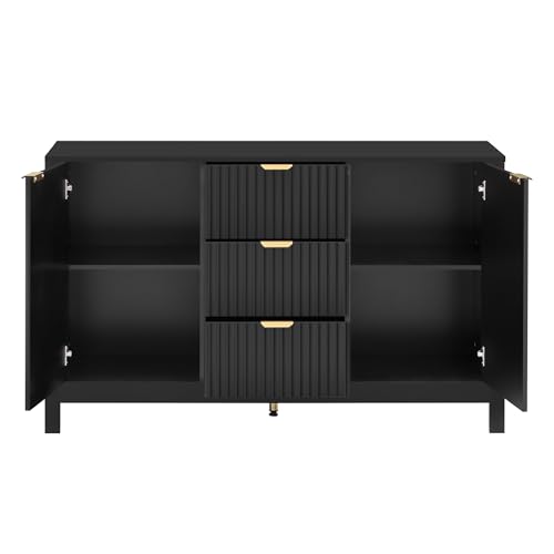 roomfitters Artistic Wave Design Sideboard, Luxury Matte Black 3-Drawer Credenza, Contemporary Soft-Close Storage Console Table with Aluminum Handles