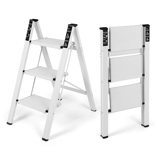Dollate Aluminum 3 Step Ladder, Folding Step Stool with Non-Slip and Sturdy Wide Tread, Portable for Household and Kitchen, Foldable Step Stool, White, 330Lbs Ladders for Home