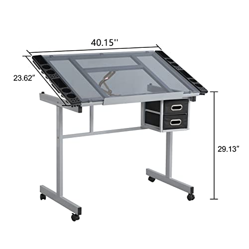 AnoYishev Professional Adjustable Glass Top Drafting Table, Art Desk with 2 Fabric Drawers & 4 Locking Wheels, 0-70° Tilting Drawing Table Craft Station for Artists, Architects, Hobbyists