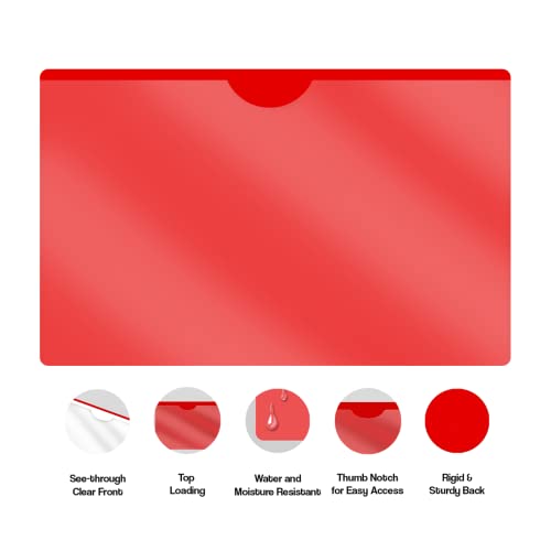 Doctor Stuff- 100 Pack, Vinyl Plastic Pocket File Folders Closed Sides, Legal Size, Clear Front Top Loading Job Jacket, Documents Holder for Office, High School and Medical Files, Red