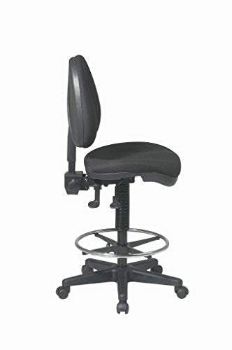 Office Star DC Series Deluxe Ergonomic Adjustable Padded Drafting Chair with 18.5 Inch Chromed Footring and Dual Wheel Carpet Casters, Icon Black Fabric