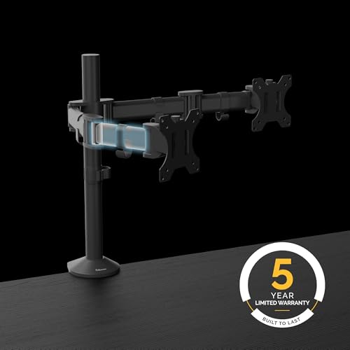 Fellowes Reflex Series Adjustable Monitor Arm for Desk, Supports 27-Inch Monitors, Ergonomic Dual Monitor Stand with VESA Mount, Easy Setup with Grommet or Clamp, 8502601-Black