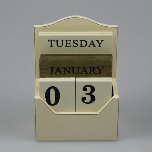 Yuidaaavzz Wood Block Perpetual Calendar Vintage Home Desk Decor DIY Wood Desk Calendar Retro Wooden Environmental Office Decor (White 3.9" W x 5.7" H)