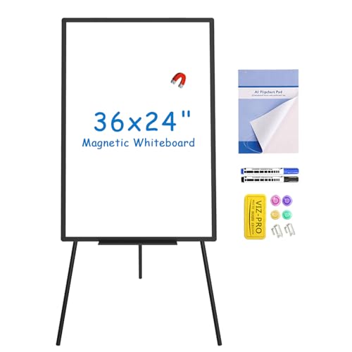 VIZ-PRO Magnetic Whiteboard Easel Black, 36"x24", Portable Dry Erase Board