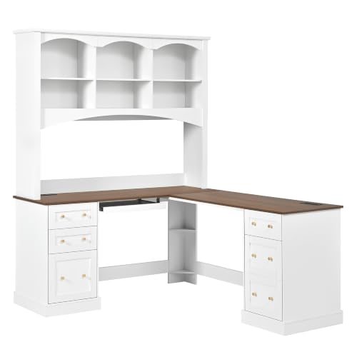 roomfitters L Shaped Computer Desk with Arched Hutch, Farmhouse Corner Writing Workstation Dual Charging Station, White