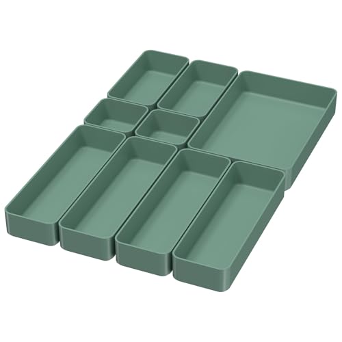 CHANCETSUI 9 Pcs Stackable Drawer Organizer Trays Set, Green, Multifunctional Storage for Vanity, Bathroom, Kitchen, Desk Drawer Organizer Office, PET Plastic