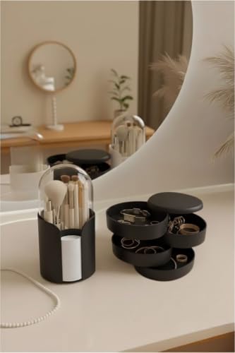 SODEF Brush and Jewelry Organizer Set 2 Pieces Plastic 9 Compartments for Makeup, Desk, Craft Supplies - Black - Black