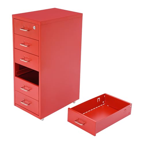 6‑Drawer Lockable Vertical Metal File Cabinet Wheeled Organizer, Red