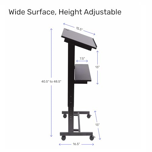 Stand Up Desk Store Mobile Adjustable Height Rolling Lectern Podium with Heavy Duty Steel Frame (Black Frame/Black Shelves, 25.5" Wide)