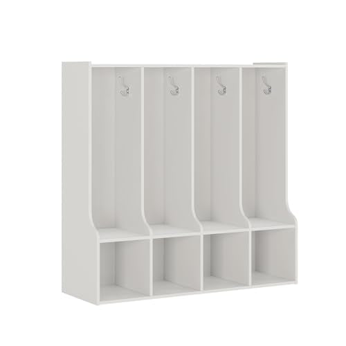 IDEALHOUSE 4-Section Classroom Coat Locker with 4 Cubbies, Daycare Cubby Storage Organizer with 8 Hooks for Home, School, Nursery, Kindergarten, White