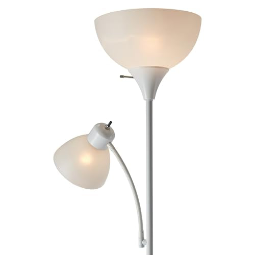 Globe Electric 67136 72" Torchiere Floor Lamp with Adjustable Reading Light, Matte White Finish, Frosted Shades, Rotary Switch on Socket, E26 Base