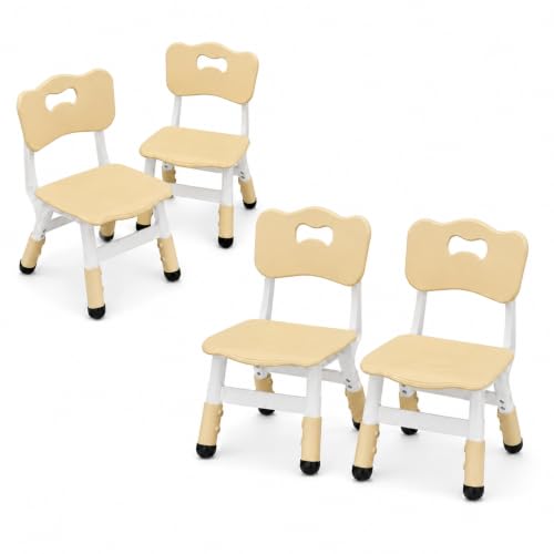 4 Pcs Adjustable Kids Chairs - 3 Level Height Adjustable Toddler Chair for Ages 3-8 - Ergonomic Backrest, Durable Plastic, Non-Slip Feet - Home, Kindergarten, Classroom & Activities - Yellow