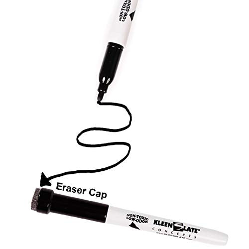 KleenSlate (72) Black Low Odor, Non toxic Dry Erase Marker with Eraser - Bonus 6 Adhesive Clips and 4 Microfiber Cleaning Cloths