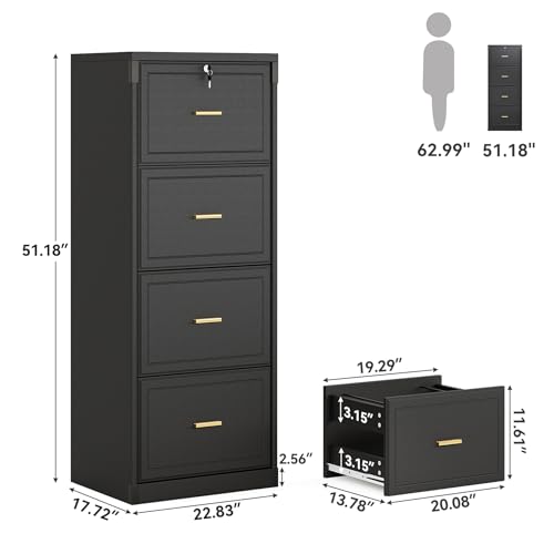 LITTLE TREE 4-Drawer File Cabinet with Lock, Large Vertical Storage Cabinet, Secure Space-Saver for Home Office, Compatible with A4/F4/Letter/Files, Filing Cabinets for Home Office (Black, MDF)