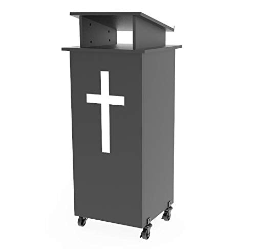 FixtureDisplays® Black Wood Podium Pulpit Lectern with White Christian Cross Event Debate Speech School Mobile on Wheels Castors Easy Assebmly Required 10057+1803-CROSS
