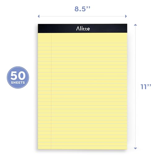 Alitte Yellow Legal Notepads 8.5 x 11, Pack of 12 - Perforated Wide Ruled Writing Pad - Premium Thick Paper, No Ink Bleeding - Blank Legal Pads For Home, Office, School, Business - 50 Sheets Per