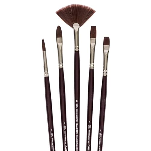 Winsor & Newton Galeria Long Handle Brush (5 Pack) (Round 8, Flat 8, Filbert 8, Bright 8, Fan 5)