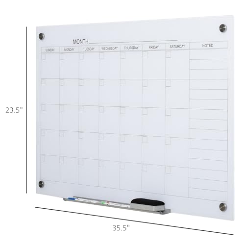 35x23 Enhanced Durability Glass Dry Erase Whiteboard Monthly Calendar FFor rameless with Non-Slip Markers and Precision Eraser