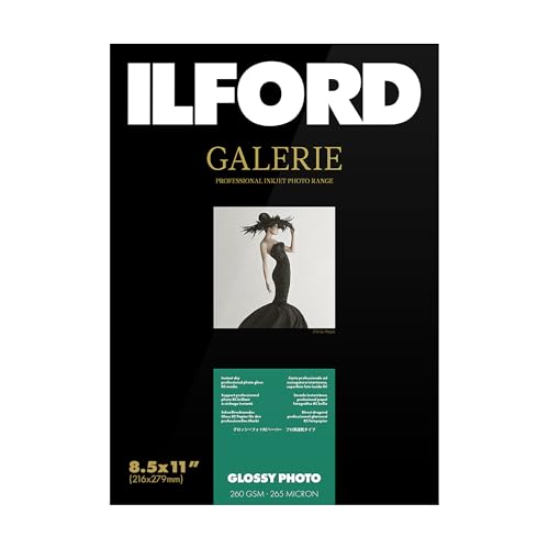 ILFORD Galerie 8.5x11” (250 Sheets) Glossy Photo with high-Gloss Smooth Surface, Instant Dry Archival Photo Inkjet Paper 10mil / 260gsm for Dye and Pigment Ink Printers, Made in Germany